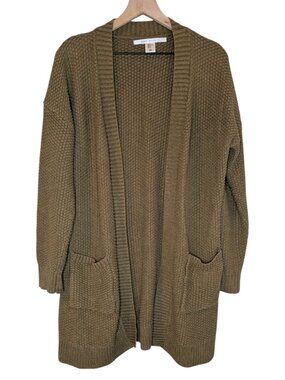 Women's Dark Mossy Green Textured Cardigan Sweater XL Open Front Knit Duster